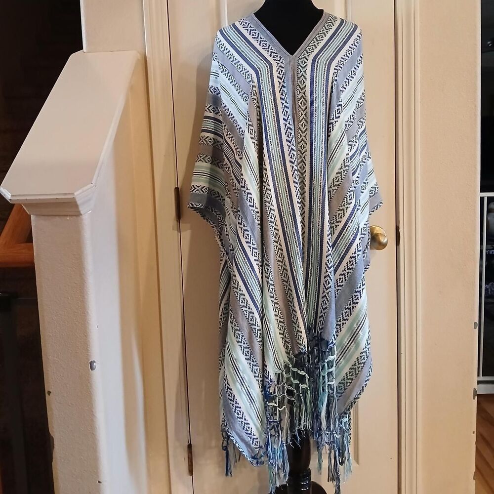 Ariat southwestern blue white & metallic silver fringe poncho cover up one size